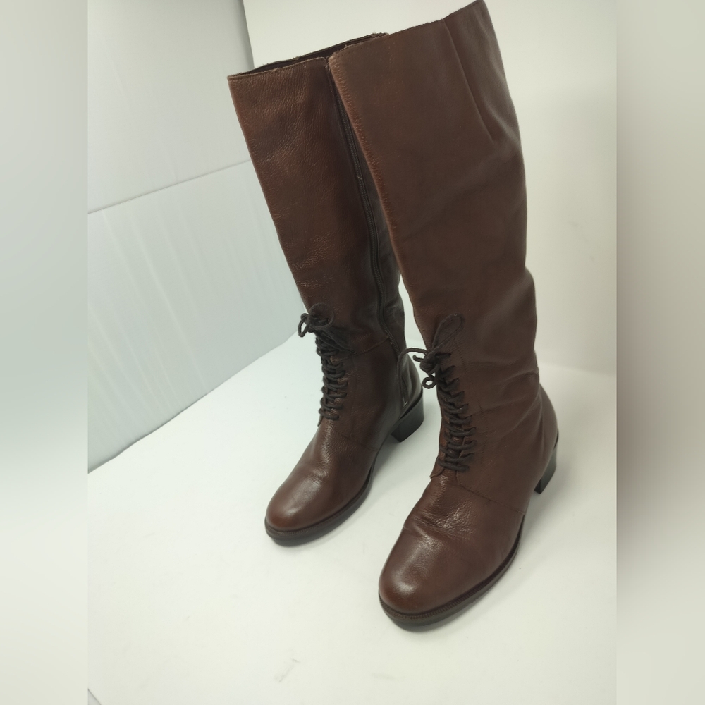 Women's Naturalizer Knee High Brown Leather Riding Boots Zip and Lace Up SZ 6.5M